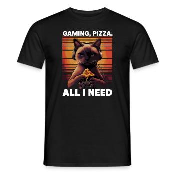 Funny Cats Gaming Pizza Gamer Gamer Gaming - Men's T-Shirt - black - Front - AI Model Male 178 light (178cm)