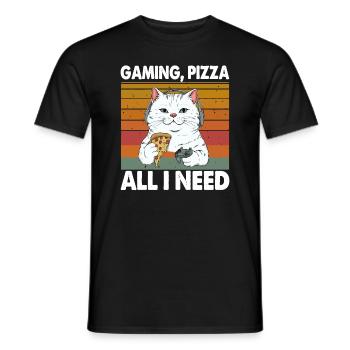 Funny Cats Gaming Pizza Gamer Gamer Gaming - Men's T-Shirt - black - Front - AI Model Male 178 light (178cm)