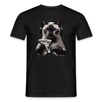 Funny Cats Gaming Pizza Gamer Gamer Gaming - Men's T-Shirt - black - Front - AI Model Male 178 light (178cm)