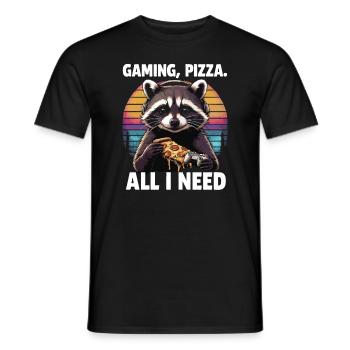 Funny Raccoon Gaming Pizza Gamer Gamer Gaming - Men's T-Shirt - black - Front - AI Model Male 178 light (178cm)