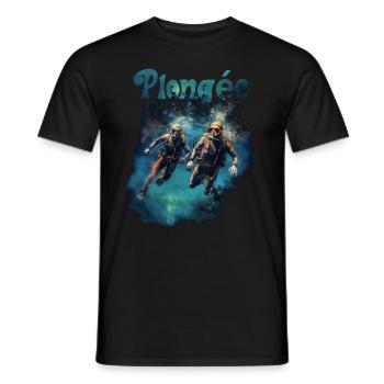 aquarelle 2 plongeurs en plongée sous marine - T-shirt homme - noir - Devant - AI Model Male 178 light (178cm)