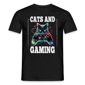 Cats and Gaming Cat Kitten Controller Gaming - Men's T-Shirt - black - Front - AI Model Male 178 light (178cm)