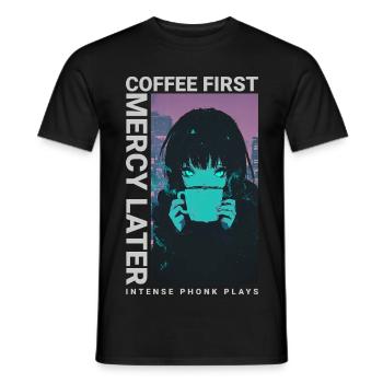 Coffee First Mercy Later Anime Girl Cyberpunk - Männer T-Shirt - Schwarz - Vorne - AI Model Male 178 light (178cm)