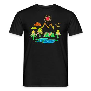 camping, camping, mountains, nature, forest, summer, sun - Men's T-Shirt - black - Front - AI Model Male 178 light (178cm)