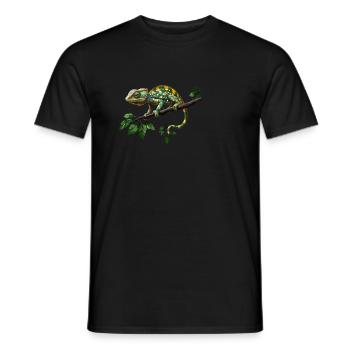 Colorful chameleon on branch in green jungle - Men's T-Shirt - black - Front - AI Model Male 178 light (178cm)
