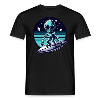 Alien Surfer on UFO Wave - Men's T-Shirt - black - Front - AI Model Male 178 light (178cm)