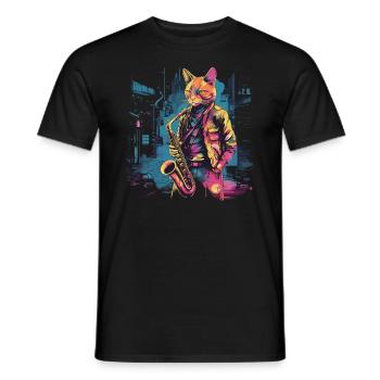 Cat Saxophone Jazz Musician Saxophonist Swing Meow - Men's T-Shirt - black - Front - AI Model Male 178 light (178cm)