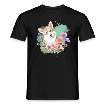 Welsh Corgi Cottagecore Wasserfarben Blumen - Männer T-Shirt - Schwarz - Vorne - AI Model Male 178 light (178cm)