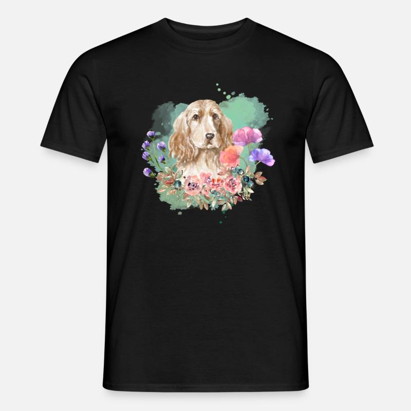 Cocker Spaniel Cottagecore Aquarelle Fleurs - T-shirt homme - noir