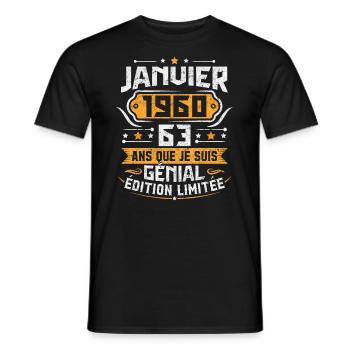 Rétro Cadeau D'anniversaire 63 Ans Janvier 1960 - T-shirt homme - noir - Devant - AI Model Male 178 light (178cm)
