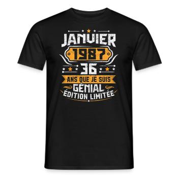 Rétro Cadeau D'anniversaire 36 Ans Janvier 1987 - T-shirt homme - noir - Devant - AI Model Male 178 light (178cm)