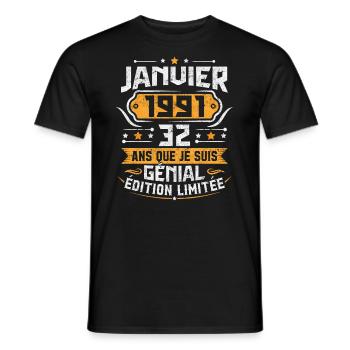 Rétro Cadeau D'anniversaire 32 Ans Janvier 1991 - T-shirt homme - noir - Devant - AI Model Male 178 light (178cm)