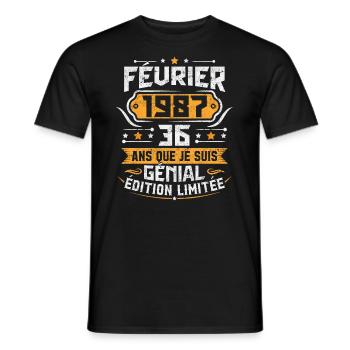 Rétro Cadeau D'anniversaire 36 Ans Février 1987 - T-shirt homme - noir - Devant - AI Model Male 178 light (178cm)