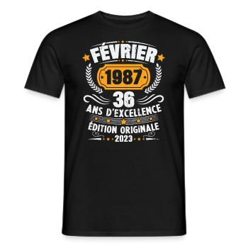 Cadeau D'anniversaire 36 Ans Février 1987 Vintage - T-shirt homme - noir - Devant - AI Model Male 178 light (178cm)