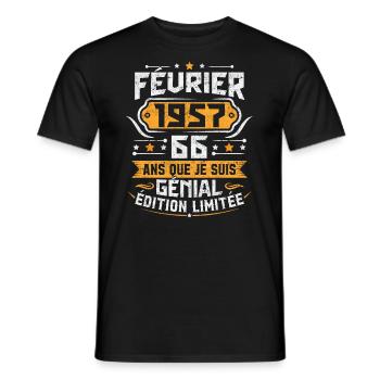 Rétro Cadeau D'anniversaire 66 Ans Février 1957 - T-shirt homme - noir - Devant - AI Model Male 178 light (178cm)
