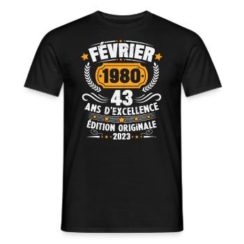 Cadeau D'anniversaire 43 Ans Février 1980 Vintage - T-shirt homme - noir - Devant - AI Model Male 178 light (178cm)