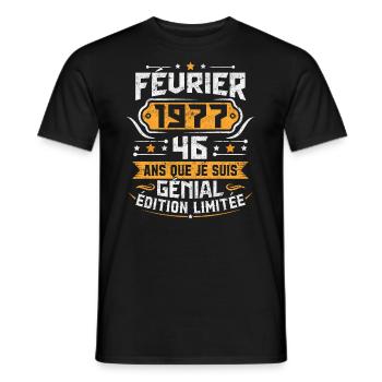Rétro Cadeau D'anniversaire 46 Ans Février 1977 - T-shirt homme - noir - Devant - AI Model Male 178 light (178cm)