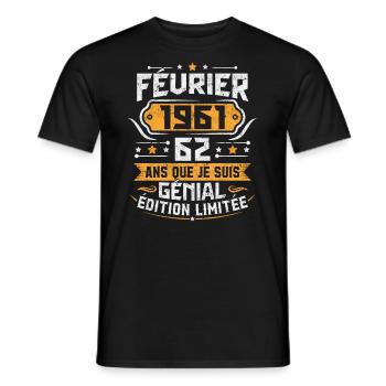 Rétro Cadeau D'anniversaire 62 Ans Février 1961 - T-shirt homme - noir - Devant - AI Model Male 178 light (178cm)