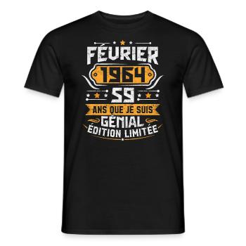 Rétro Cadeau D'anniversaire 59 Ans Février 1964 - T-shirt homme - noir - Devant - AI Model Male 178 light (178cm)