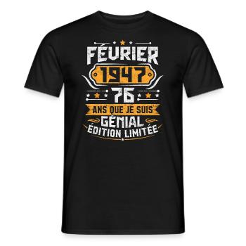 Rétro Cadeau D'anniversaire 76 Ans Février 1947 - T-shirt homme - noir - Devant - AI Model Male 178 light (178cm)