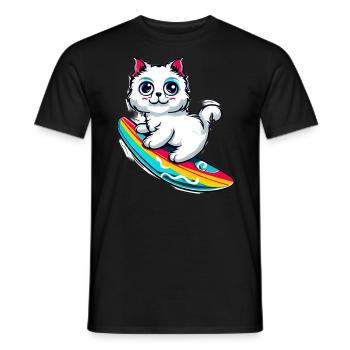 White cat on colorful surfboard - Men's T-Shirt - black - Front - AI Model Male 178 light (178cm)