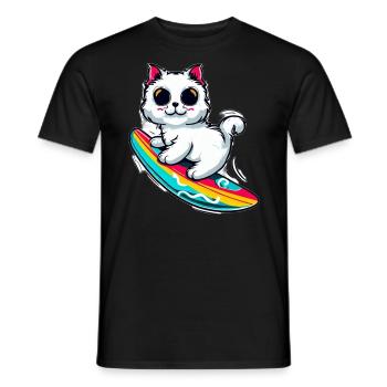 White cat on colorful surfboard - Men's T-Shirt - black - Front - AI Model Male 178 light (178cm)