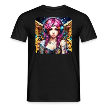 Ange cyberpunk cool avec des écouteurs - T-shirt homme - noir - Devant - AI Model Male 178 light (178cm)
