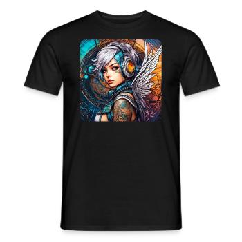 Ange cyberpunk cool avec des écouteurs - T-shirt homme - noir - Devant - AI Model Male 178 light (178cm)