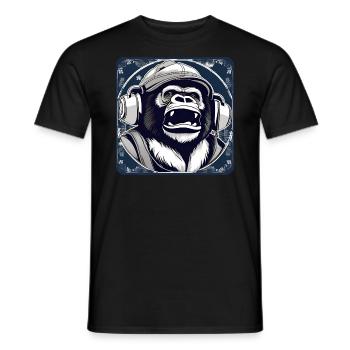 Gorilla with headphones and winter hat and snow - Men's T-Shirt - black - Front - AI Model Male 178 light (178cm)