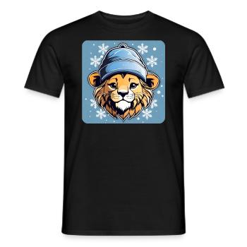 Niedlicher Löwe mit Wintermütze und Schneeflocken - Männer T-Shirt - Schwarz - Vorne - AI Model Male 178 light (178cm)