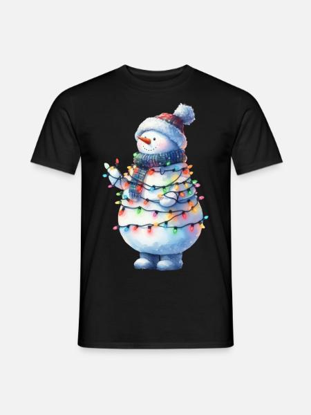 Niedlicher Schneemann mit Lichterkette - Männer T-Shirt - Schwarz