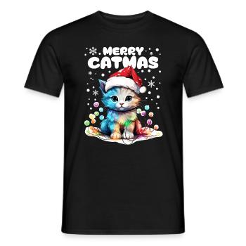 Süße Katze mit Lichterkette feiert Weihnachten - Männer T-Shirt - Schwarz - Vorne - AI Model Male 178 light (178cm)