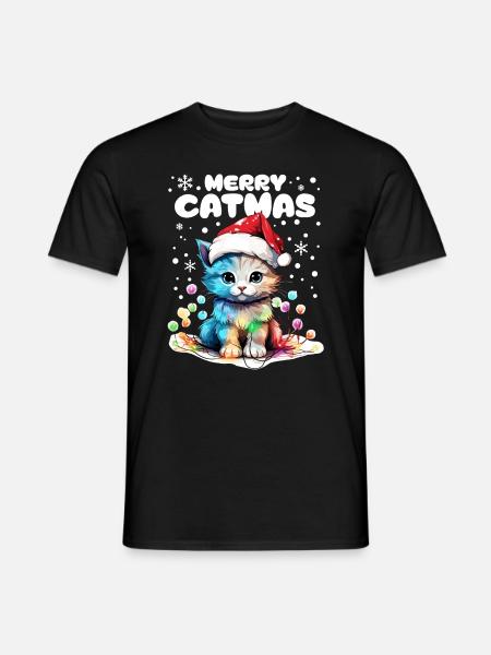 Süße Katze mit Lichterkette feiert Weihnachten - Männer T-Shirt - Schwarz