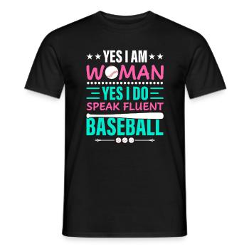 I am a woman, yes I speak fluently - Men's T-Shirt - black - Front - AI Model Male 178 light (178cm)