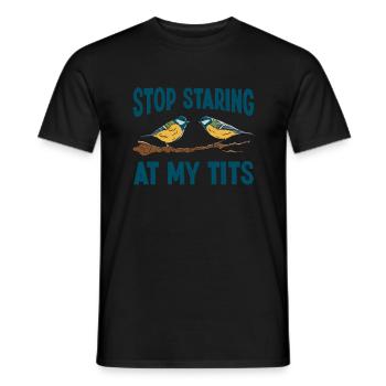 Funny Stop staring at my Tits Bird Gift for Birder - Men's T-Shirt - black - Front - AI Model Male 178 light (178cm)