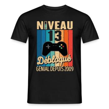 Niveau 13 Ans Débloqué Génial Depuis 2009 Cadeau - T-shirt homme - noir - Devant - AI Model Male 178 light (178cm)