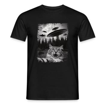 Funny Cat Selfie UFO Graphic - Men's T-Shirt - black - Front - AI Model Male 178 light (178cm)