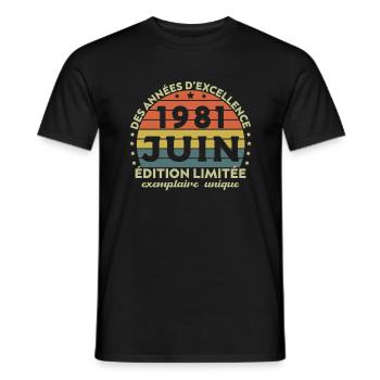 Anniversaire Millésime Fabriqué en Juin 1981 - T-shirt homme - noir - Devant - AI Model Male 178 light (178cm)