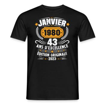 Cadeau D'anniversaire 43 Ans Janvier 1980 Vintage - T-shirt homme - noir - Devant - AI Model Male 178 light (178cm)