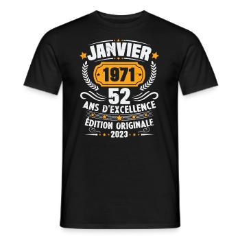 Cadeau D'anniversaire 52 Ans Janvier 1971 Vintage - T-shirt homme - noir - Devant - AI Model Male 178 light (178cm)