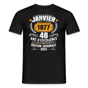 Cadeau D'anniversaire 46 Ans Janvier 1977 Vintage - T-shirt homme - noir - Devant - AI Model Male 178 light (178cm)