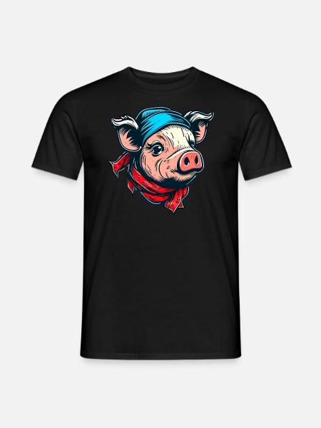Schweinchen mit Kopftuch - Männer T-Shirt - Schwarz