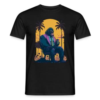 Illustration des années 80 d’un gorille avec une tasse de café - T-shirt homme - noir - Devant - AI Model Male 178 light (178cm)