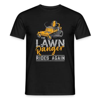 We Ride At Dawn Dad Lawn Mower Make Laugh Day Yard - Men's T-Shirt - black - Front - AI Model Male 178 light (178cm)