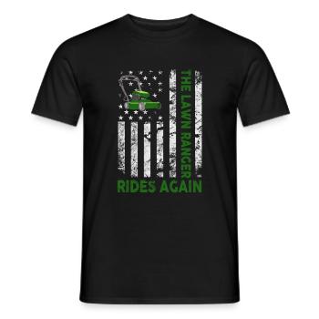 We Ride At Dawn Dad Lawn Mower Make Laugh Day Yard - Men's T-Shirt - black - Front - AI Model Male 178 light (178cm)