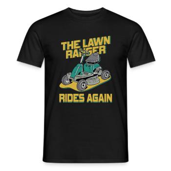 We Ride At Dawn Dad Lawn Mower Make Laugh Day Yard - Men's T-Shirt - black - Front - AI Model Male 178 light (178cm)