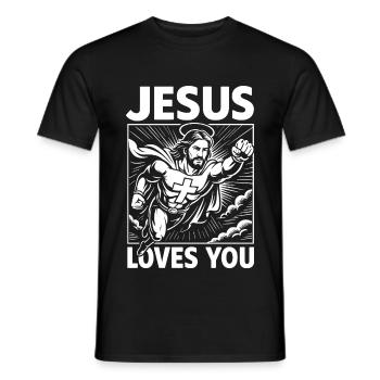 Jesus als Superheld - liebt dich - Männer T-Shirt - Schwarz - Vorne - AI Model Male 178 light (178cm)