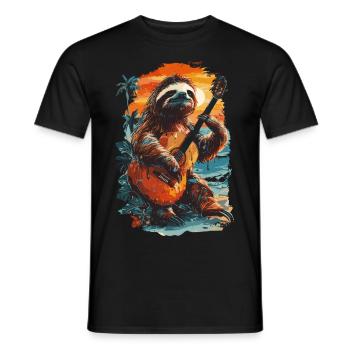 Sloth playing guitar on tropical beach - Men's T-Shirt - black - Front - AI Model Male 178 light (178cm)