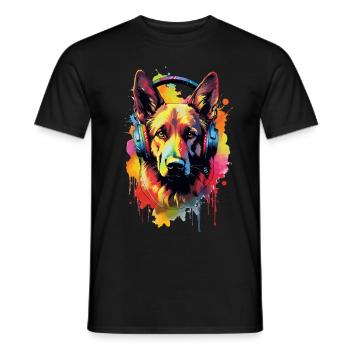 Berger allemand coloré avec des écouteurs - T-shirt homme - noir - Devant - AI Model Male 178 light (178cm)