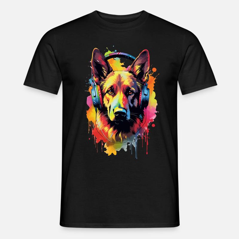 Bunter Deutscher Schäferhund mit Kopfhörer - Männer T-Shirt - Schwarz